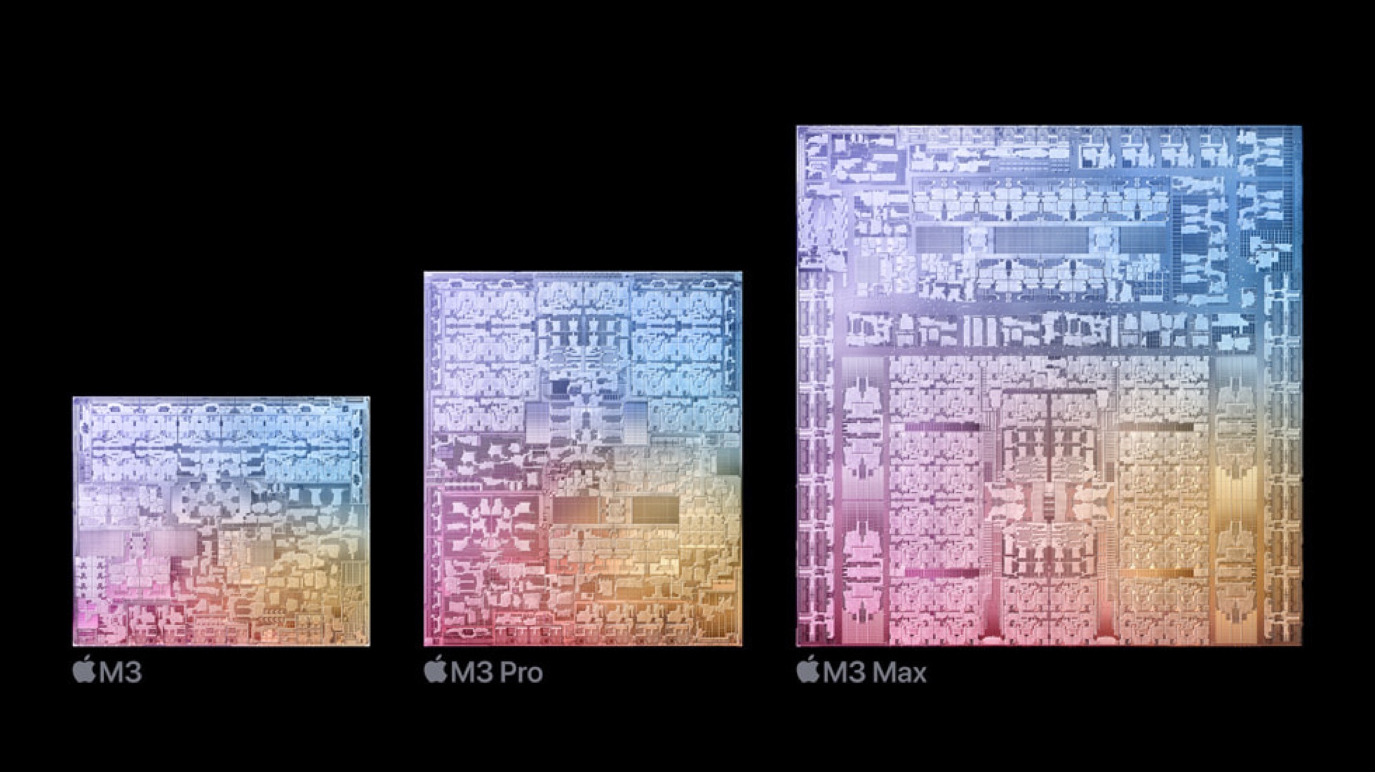 Apple M3, M3 Pro, and M3 Max silicon die shots